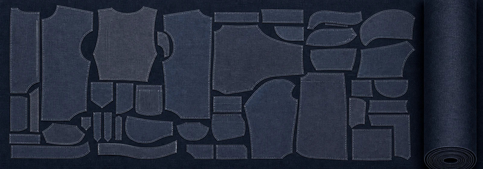 Optimized garment pattern pieces arranged on a roll of fabric
